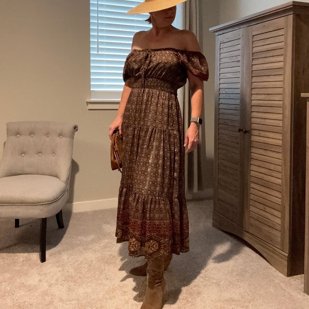 Blu Pepper Midi Dress in Brown and Gold